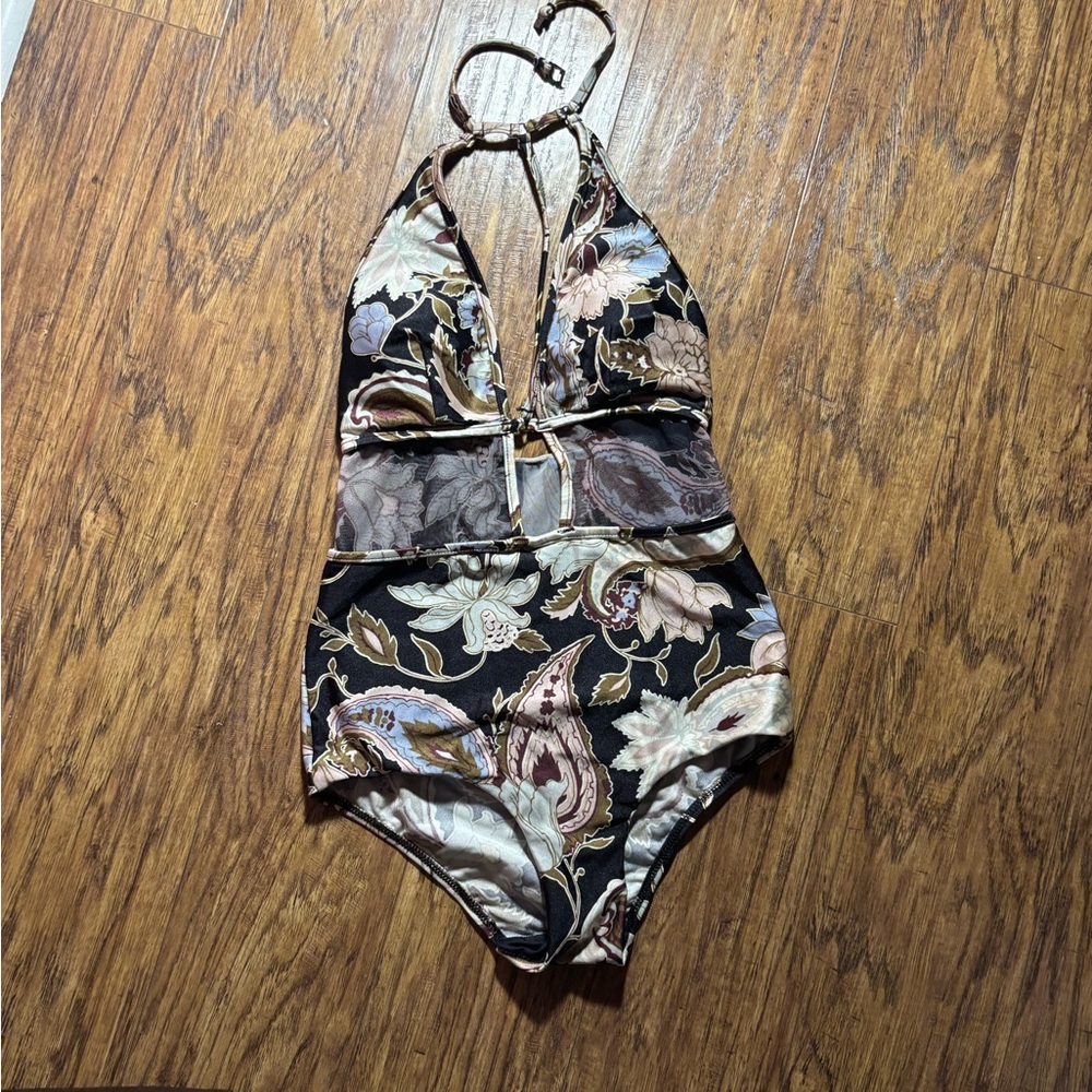 Zimmermann me Floral Halter One-Piece Swimsuit in Black and Ivory paisley
